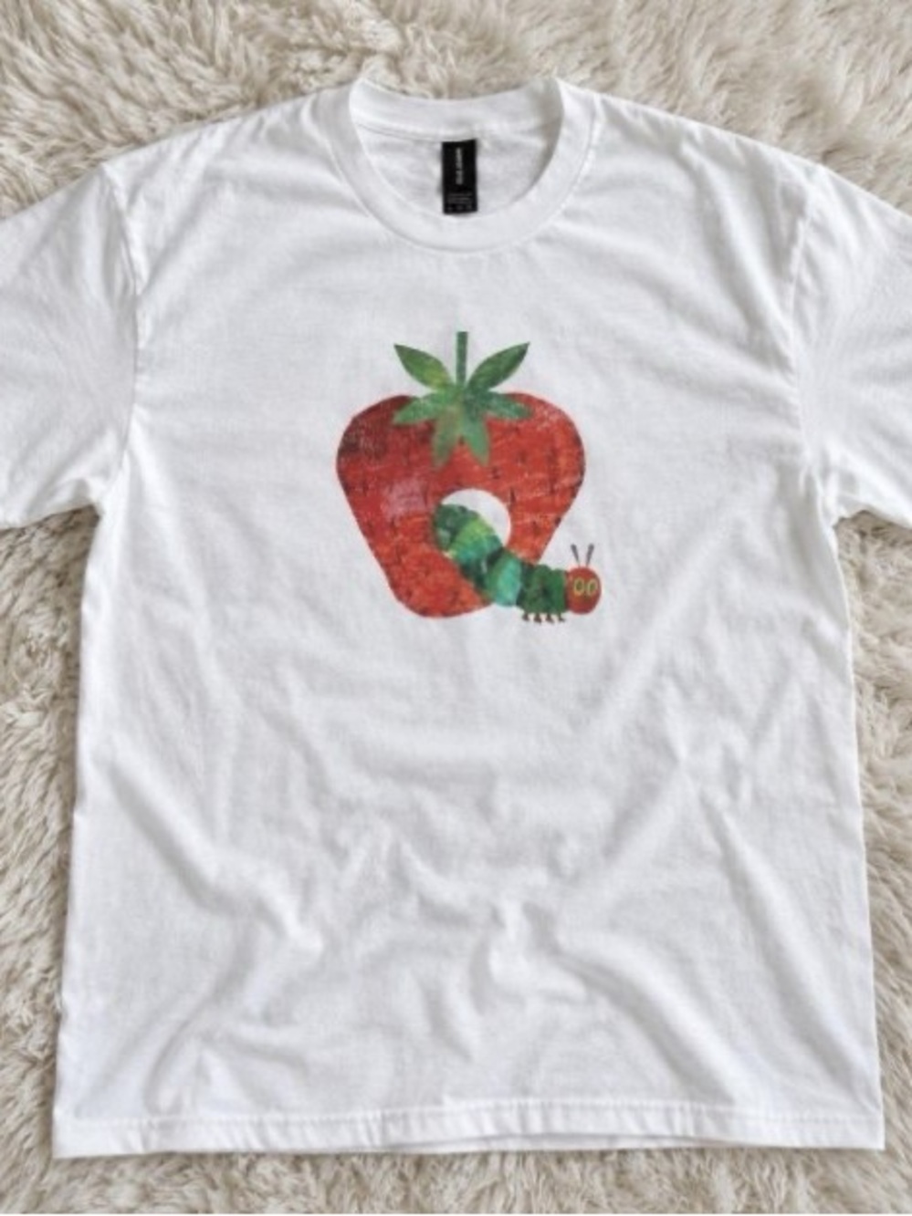 Gildan White Tee with Strawberry and Caterpillar Graphic
